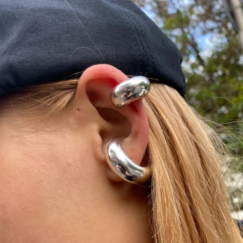KIKA Stainless Steel 316L Chunky Huggie Hoop Earrings Non Piercing Chunky Ear Cuff Silver Color Hoop Earring