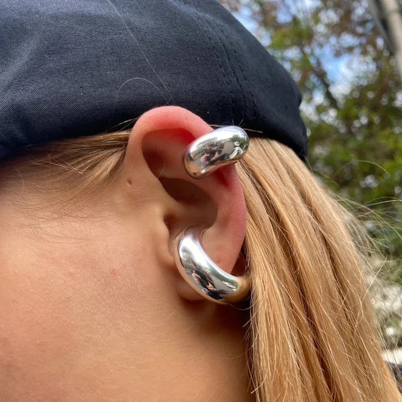 KIKA Stainless Steel 316L Chunky Huggie Hoop Earrings Non Piercing Chunky Ear Cuff Silver Color Hoop Earring