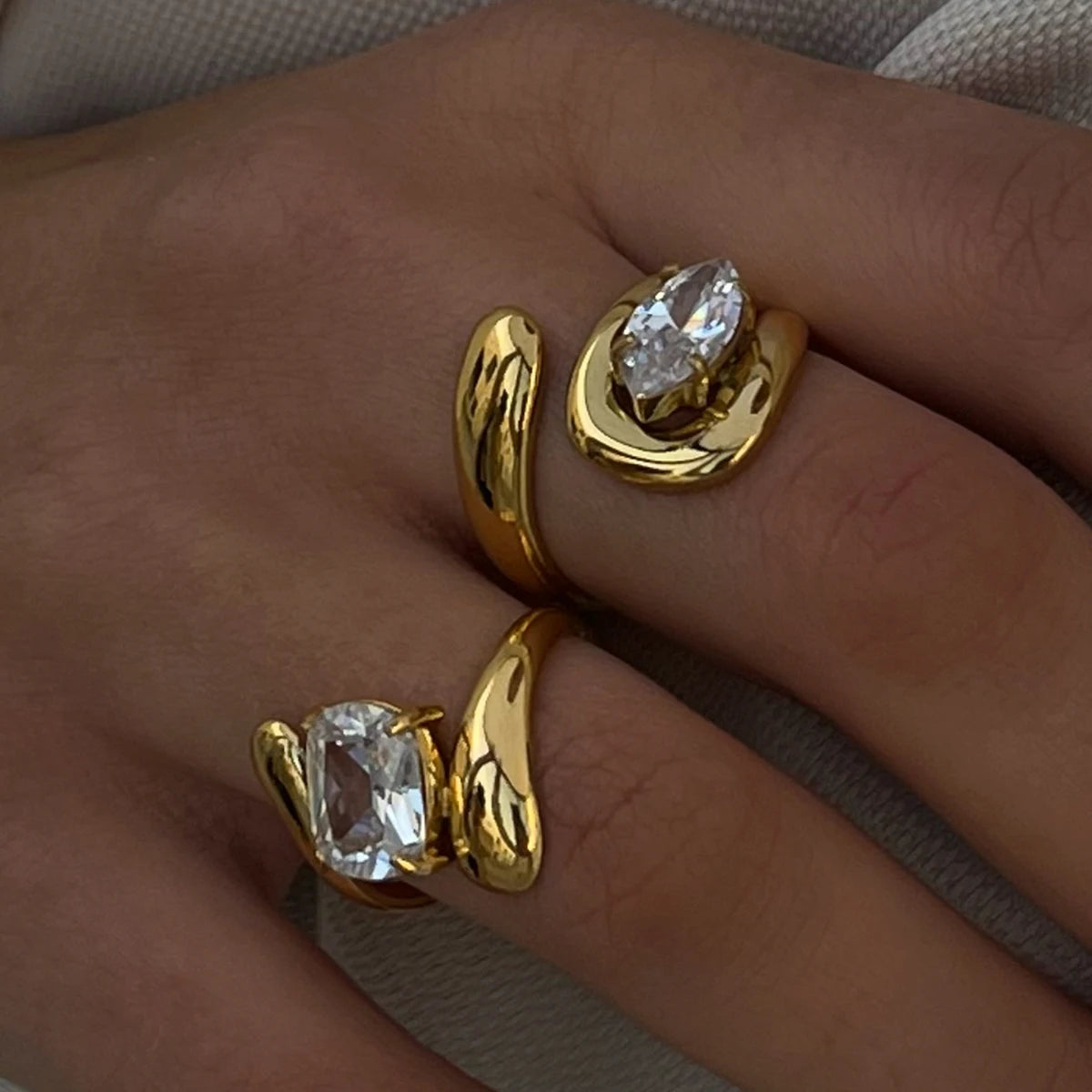 KIKA Shiny Cubic Stainless Steel Zircon Asymmetric Open Ring High-Grade Stainless Steel 18K Golden Plated Rust Proof Jewelry
