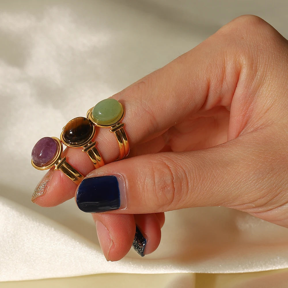 Kika Water Proof Stainless Steel Natural Amethyst Stone Circle Cutout Open Ring for Women 2022 Charm Fashion Jewelry Gift