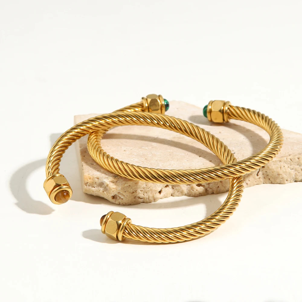 kika New Trendy18k Gold Plated Stainless Steel Jewelry Nature Stone Twist Pave Opening Bangles