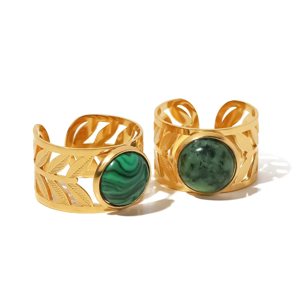 Kika Stainless Steel Natural African Turquoise Stone Wide Ring for Women France Stylish Charm Elegant Statement кольцо Jewelry
