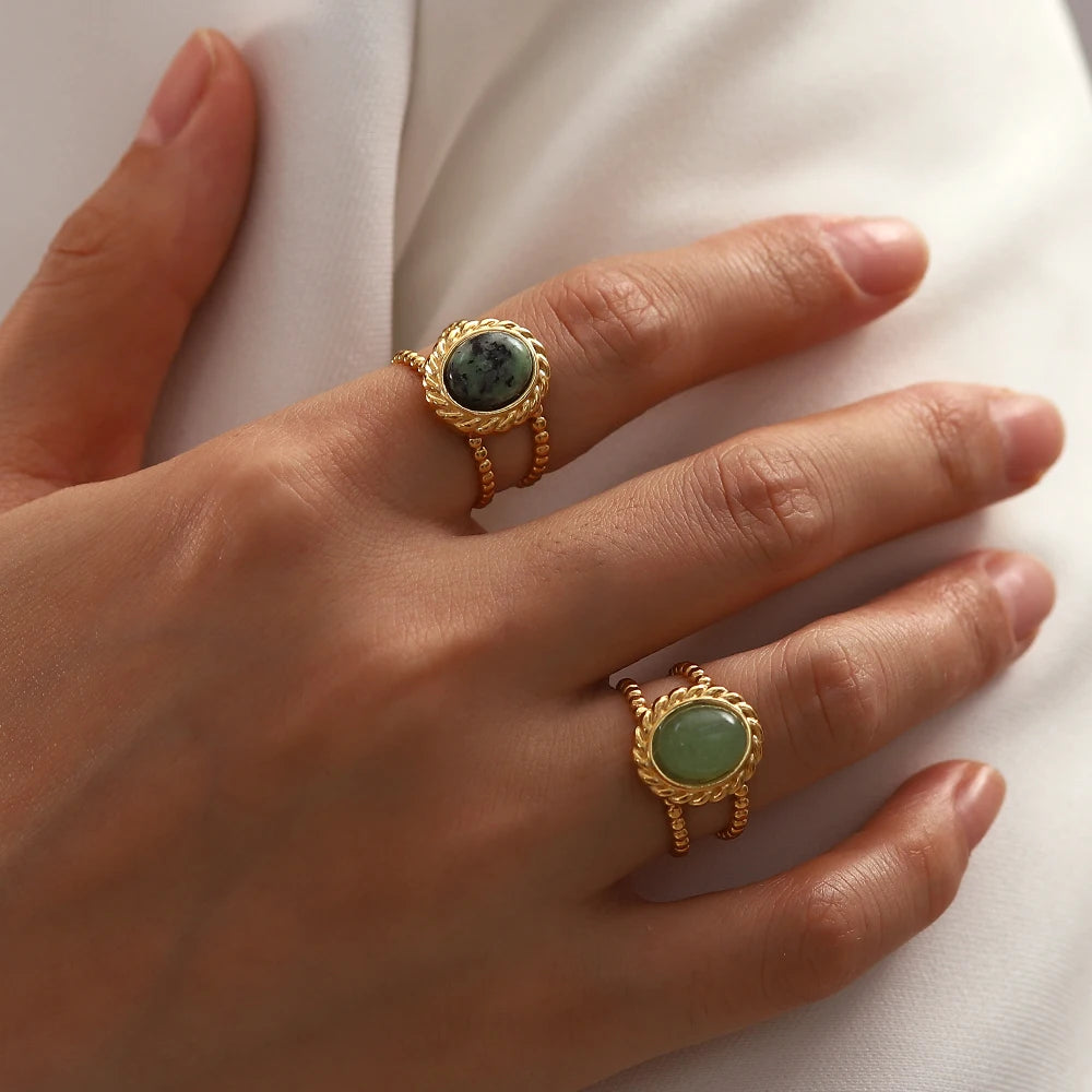 Kika Natural Stone African Turquoise Agate Rope Sun 18K Gold Plated Stainless Steel Opening Rings Anillos Acero Inoxidable