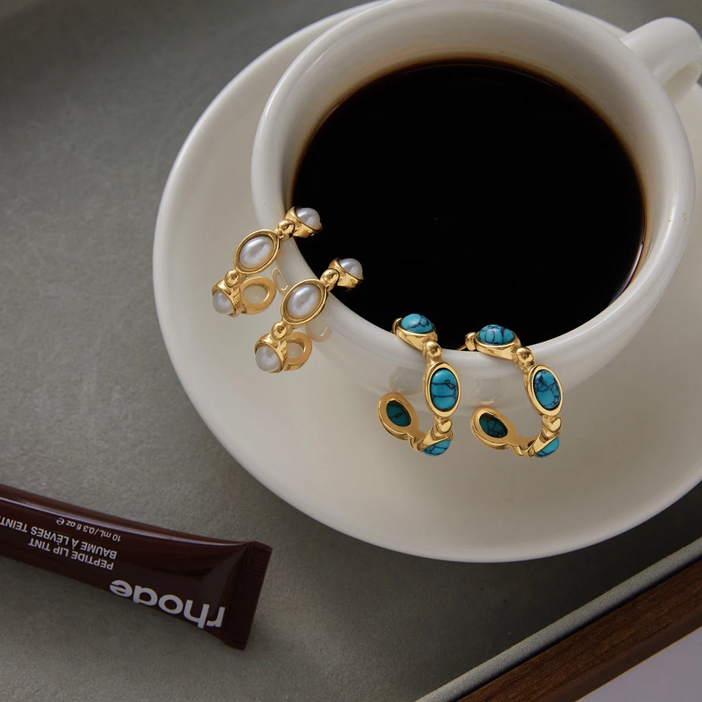 KIKA Classic Trendy 18K Gold Color PVD  Plated Blue Turquoise Pearl C-Shape Earrings Hypoallergenic Stainless Steel 316L