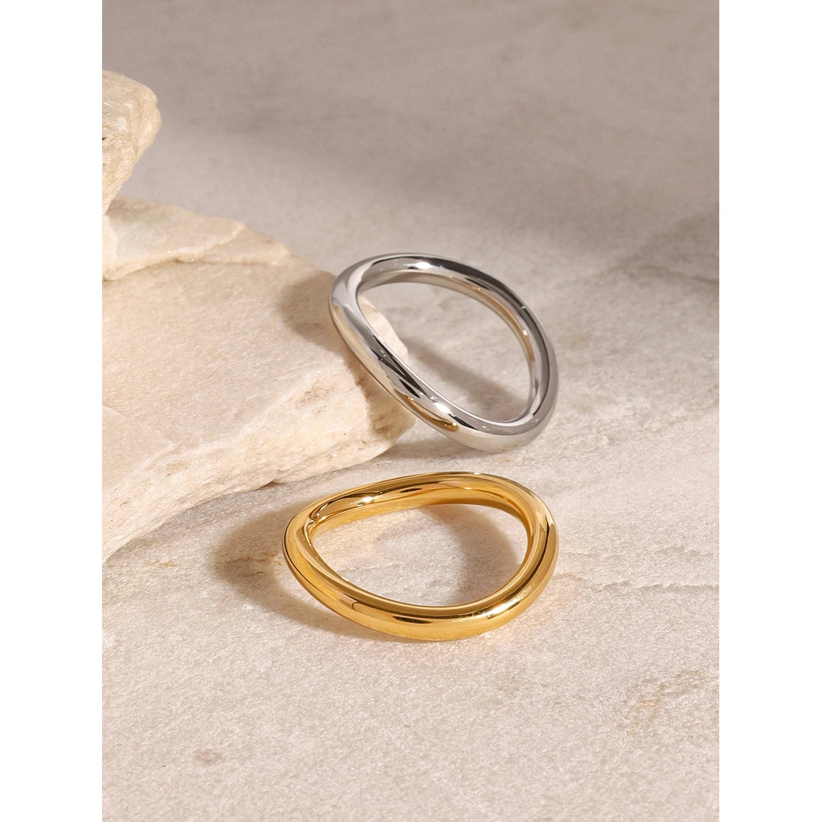 Kika Minimalist Stainless Steel Silver Gold Color Mixed Matching Smooth Wave Ring Set Prevent Allergy Statement Fashion Jewelr