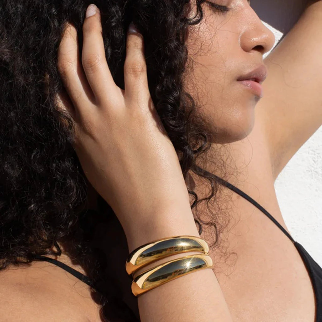 KIKA Stainless Steel Statement Gold Color Cuff Bracelet Bangle Metal Texture Multi-Layer Temperament Fashion Waterproof Jewelr