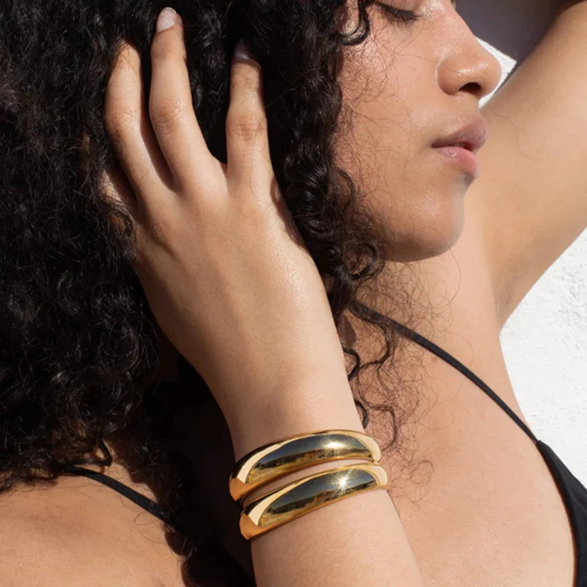 KIKA Stainless Steel Statement Gold Color Cuff Bracelet Bangle Metal Texture Multi-Layer Temperament Fashion Waterproof Jewelr