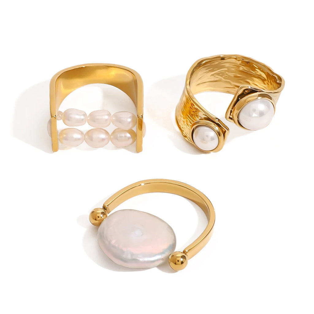 KIKA Imitation Pearls Ring Jewelry Stainless Steel 316L Golden Geometric New Finger Ring for Women