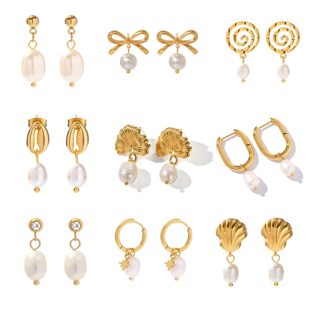 KIKA 316L Stainless Steel 316L Natural Pearl Hoop Earrings Trendy Metalic Golden Geometric