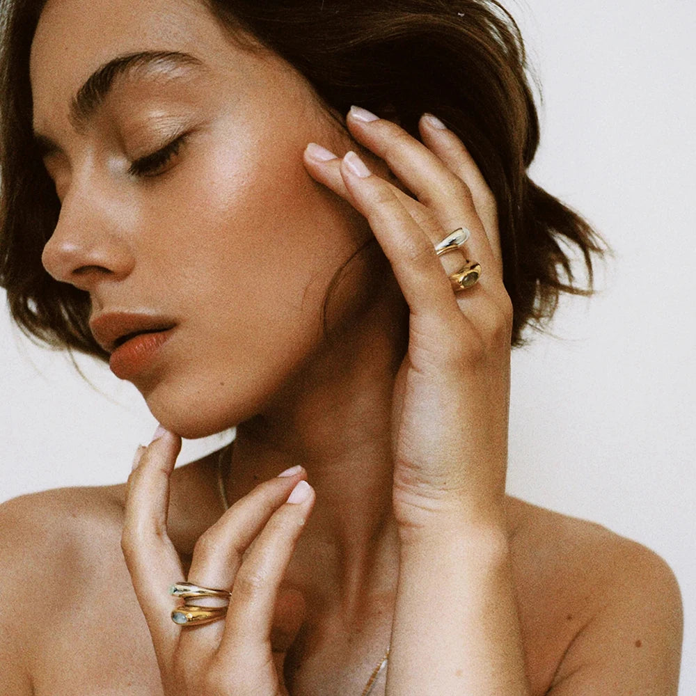KIKA Unique Natural Stone Green Stainless Steel France Metal Golden  Ring Waterproof Charm Trendy Jewelry Women