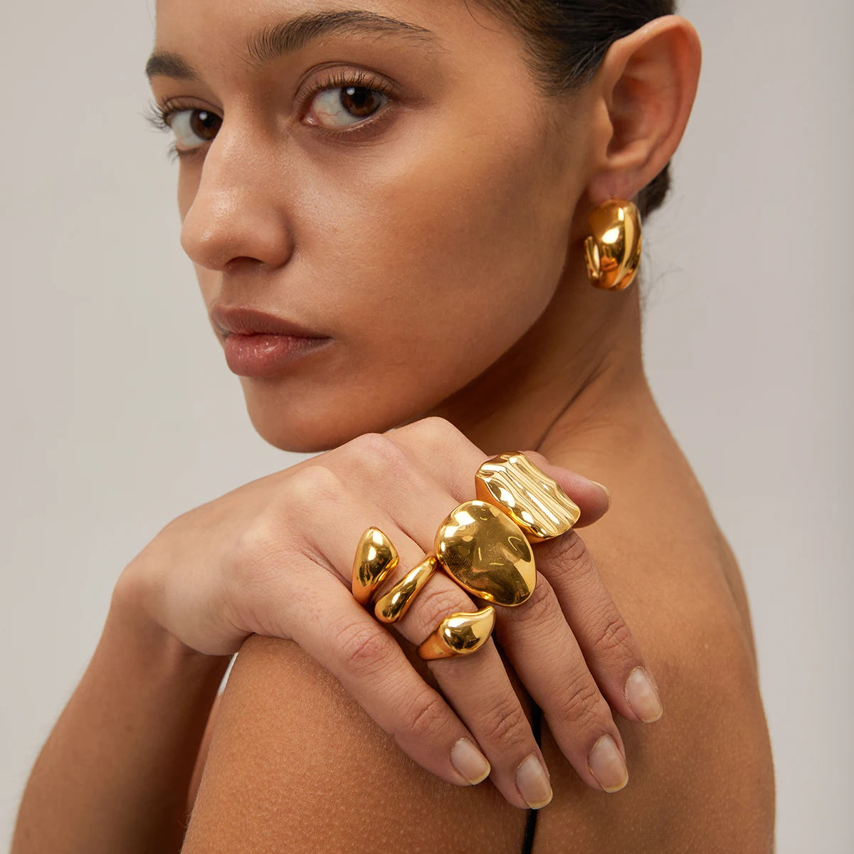 Kika 18k Gold Plated Stainless Steel Water Drop Glossy Open Cross Ring Metal Texture Waterproof Daily Stylish Golden Jewelry