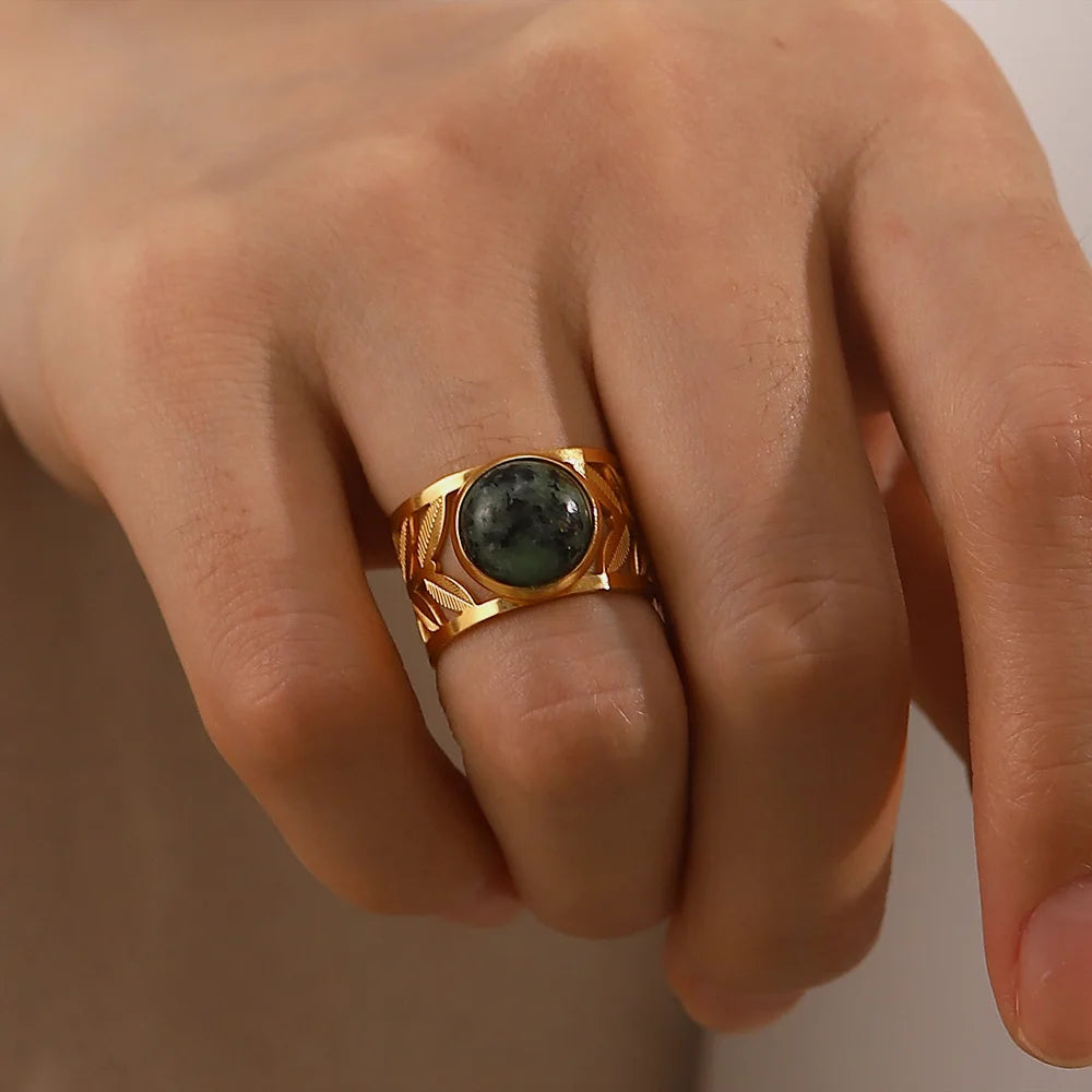 Kika Stainless Steel Natural African Turquoise Stone Wide Ring for Women France Stylish Charm Elegant Statement кольцо Jewelry
