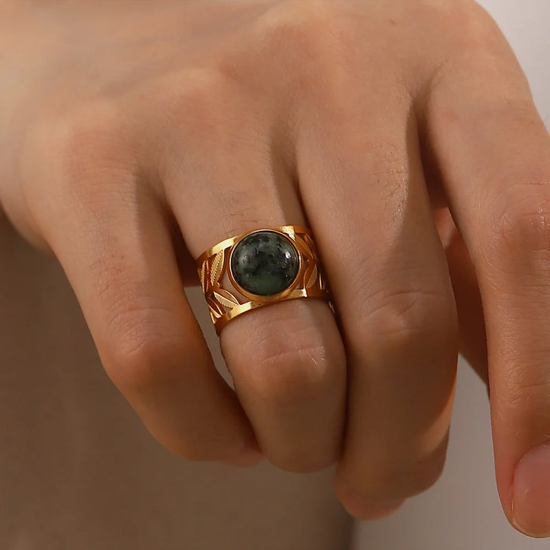 Kika Stainless Steel Natural African Turquoise Stone Wide Ring for Women France Stylish Charm Elegant Statement кольцо Jewelry