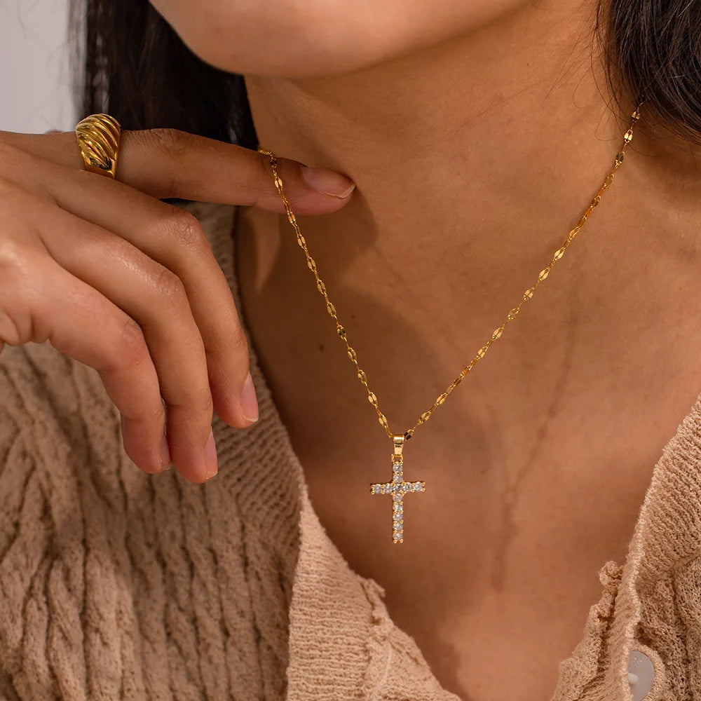 Kika Delicate Shiny Cubic Zirconia 316L Cross Pendant Necklace