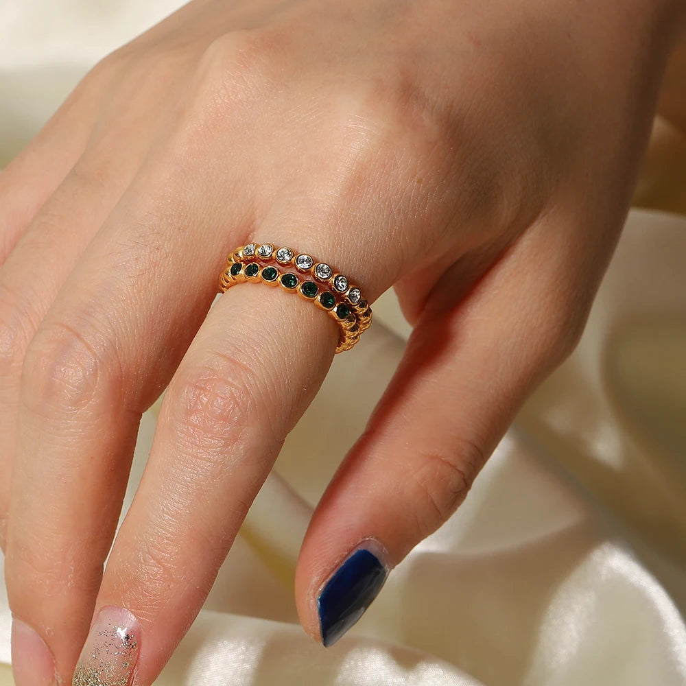 Kika Dainty 18K Gold Plated Thin Bead Green Zircon Ring