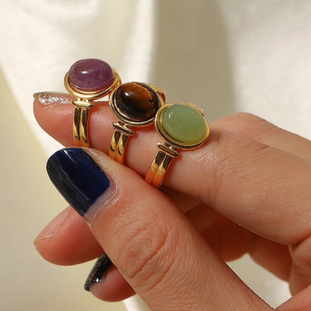 Kika Water Proof Stainless Steel Natural Amethyst Stone Circle Cutout Open Ring for Women 2022 Charm Fashion Jewelry Gift