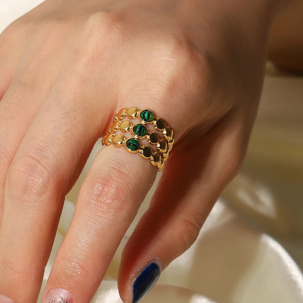 Kika Vintage 18K Gold Malachite Statement Open Ring WaterProof 18k PVD Gold Plated Stainless Steel bague femme acier inoxydabl