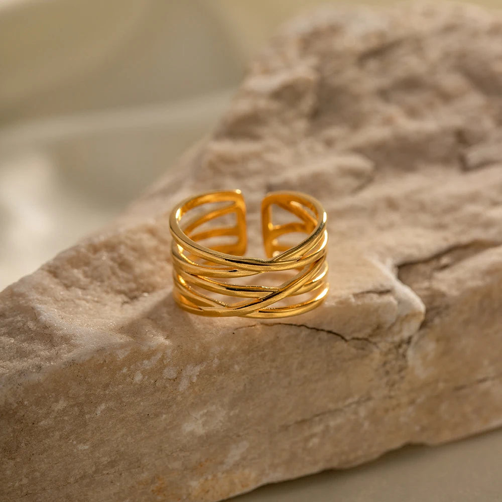 Kika Trendy18K PVD Gold Plated Stainless Steel Mulit Layer Line Wide Hollow Opening Rings Waterproof Jewelry for Women