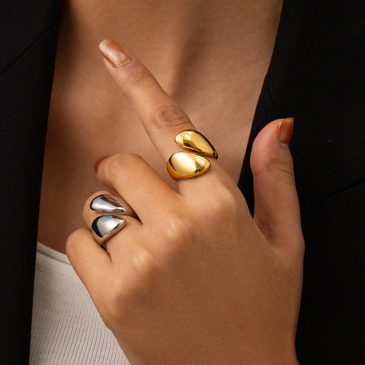 Kika Stainless Steel Glossy Asymmetric Open Ring Ring Statement Metalic Texture 18 K Women Ring Accessories Party Gift New