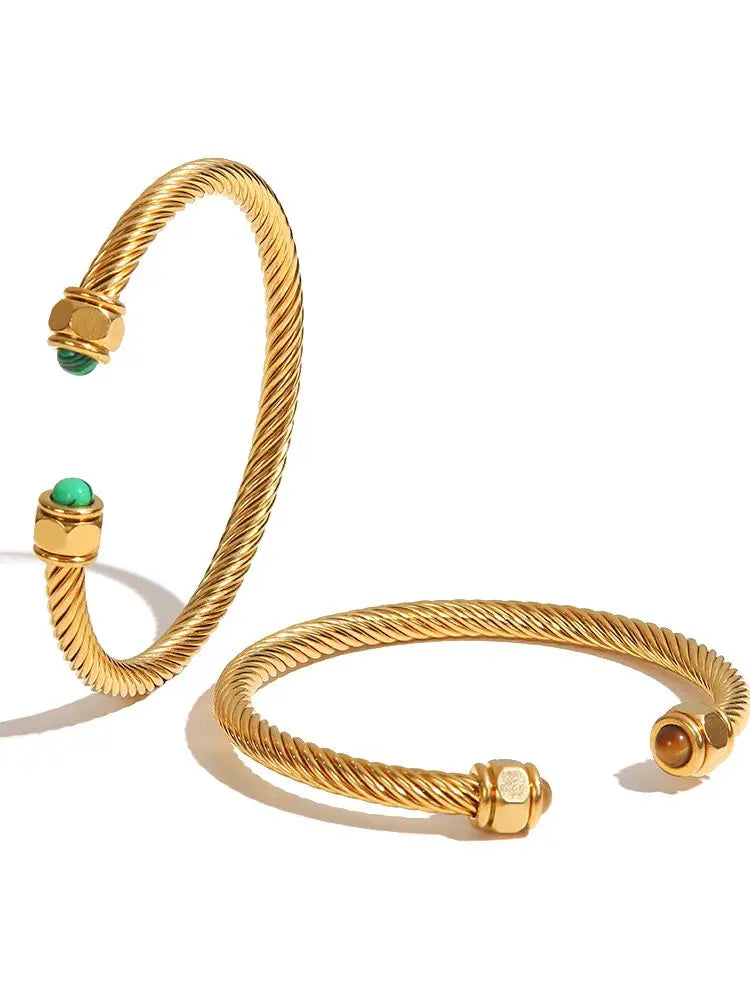 kika New Trendy18k Gold Plated Stainless Steel Jewelry Nature Stone Twist Pave Opening Bangles