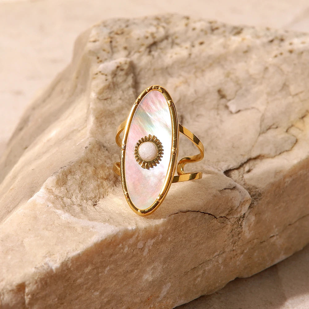 Kika Vintage Oval Round Natural Shell Pearl 18K PVD Gold Plated Stainless Steel Opening Rings Women Jewelry Anillos Mujer