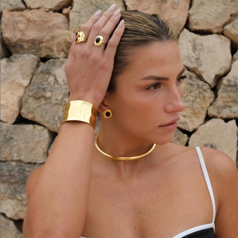 Kika Textured Gold Cuff Gold Plated Stainless Steel Adjustable Bangele Bracelets