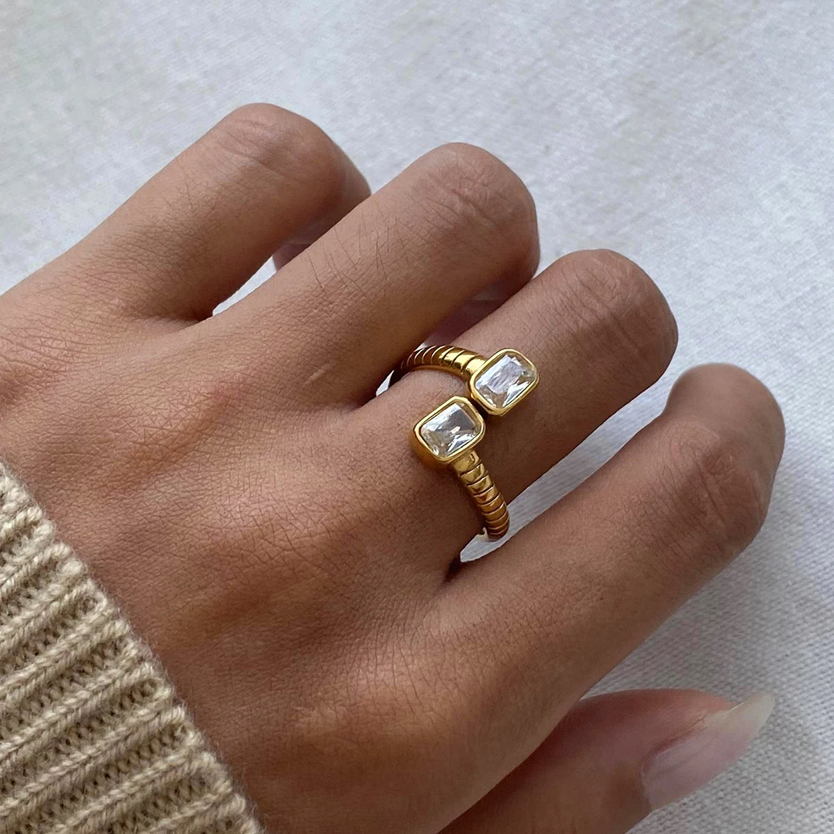 Kika Stainless Steel Geometric Threaded Zirconia Open Ring