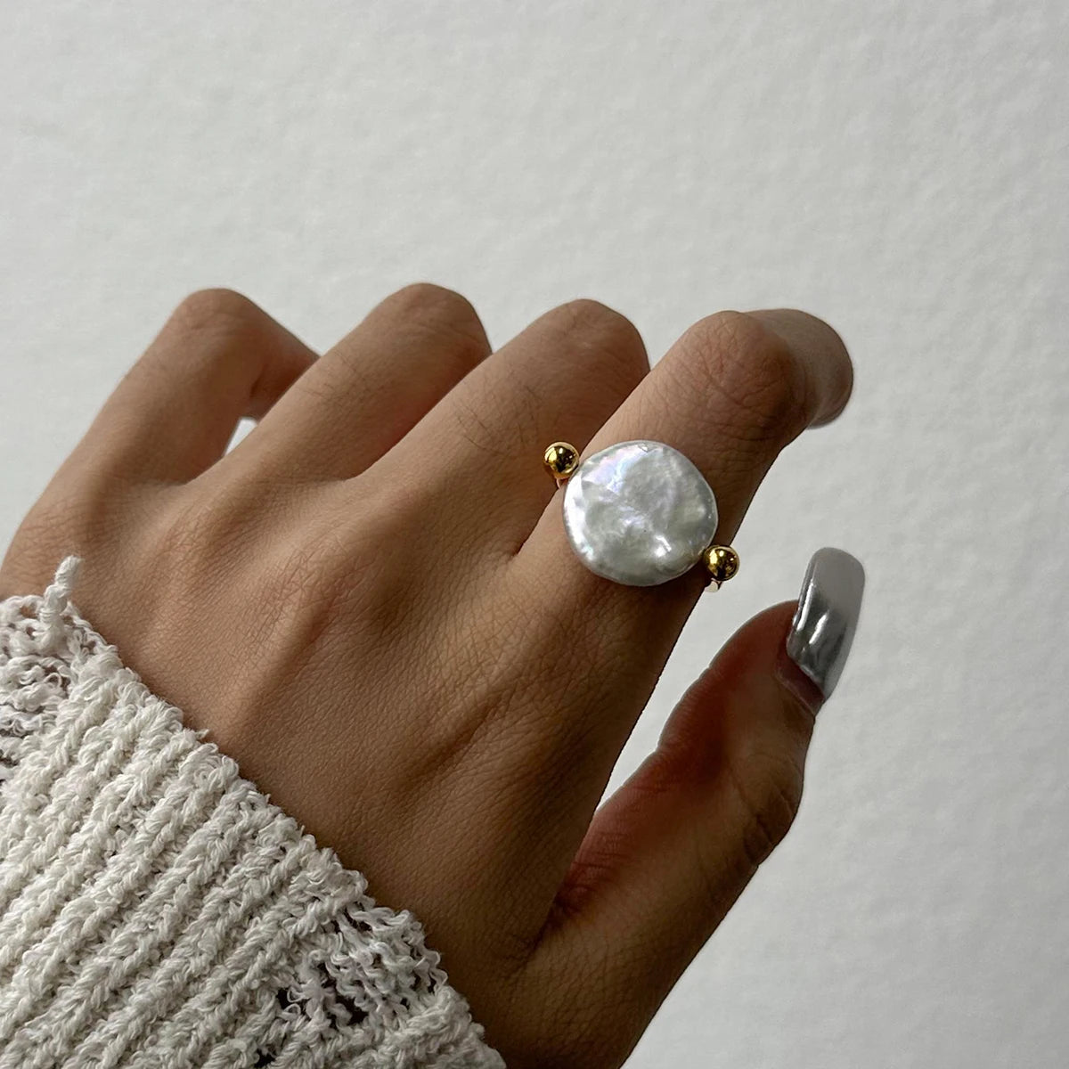 KIKA Imitation Pearls Ring Jewelry Stainless Steel 316L Golden Geometric New Finger Ring for Women
