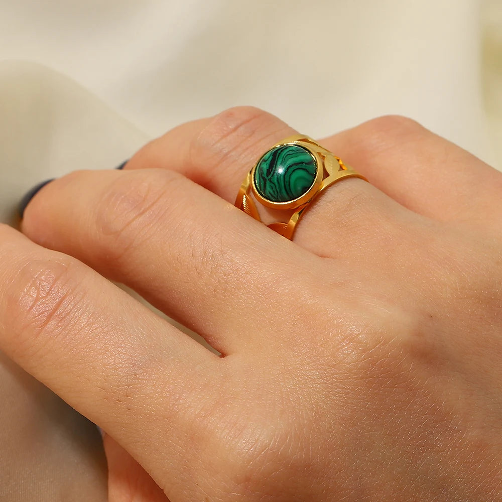 Kika Vintage 18K Gold Malachite Statement Open Ring WaterProof 18k PVD Gold Plated Stainless Steel bague femme acier inoxydabl