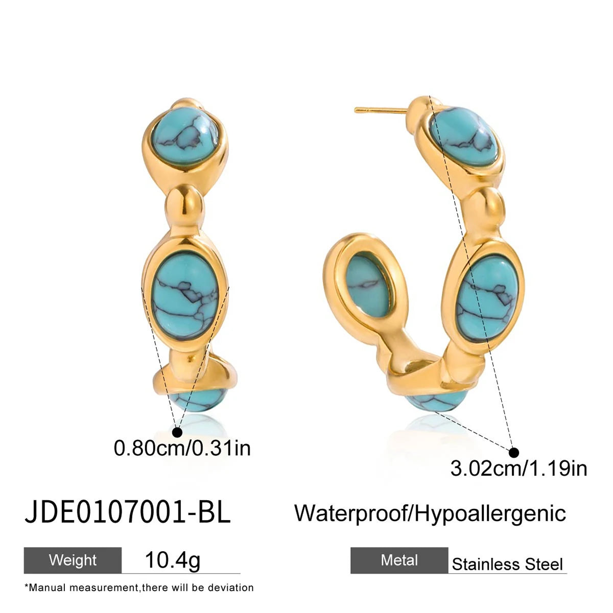 KIKA Classic Trendy 18K Gold Color PVD  Plated Blue Turquoise Pearl C-Shape Earrings Hypoallergenic Stainless Steel 316L
