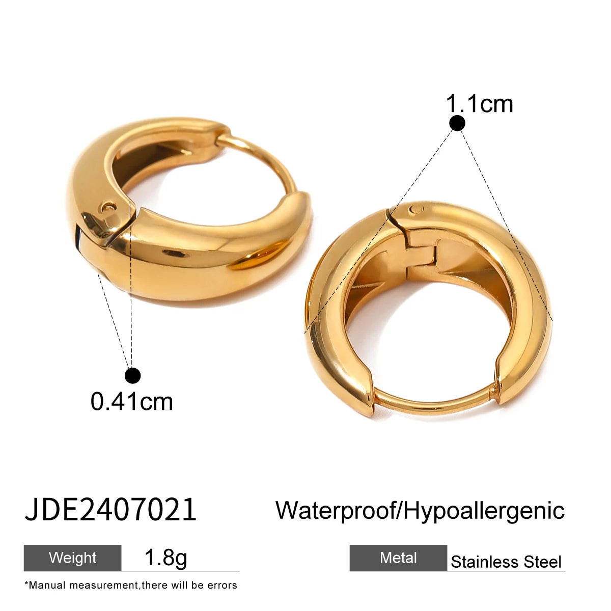 KIKA Simple Classic 18K Gold Color PVD Plated Stainless Steel 316L Chubby Earrings 12mm 14mm 18mm