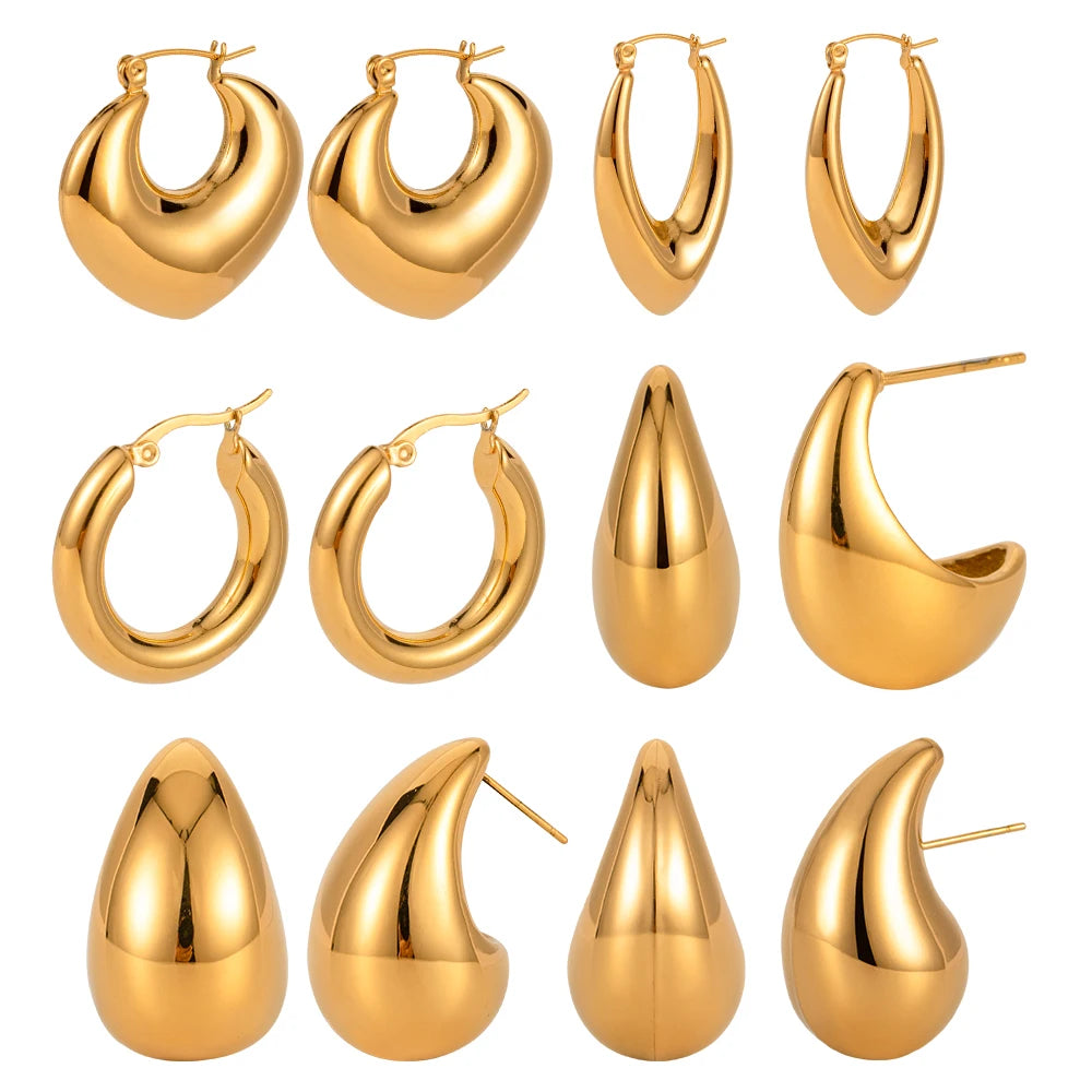 KIKA Stainless Steel 316L Water Drop Big Stud Earrings Chunky Waterdrop Open Hoops Earrings