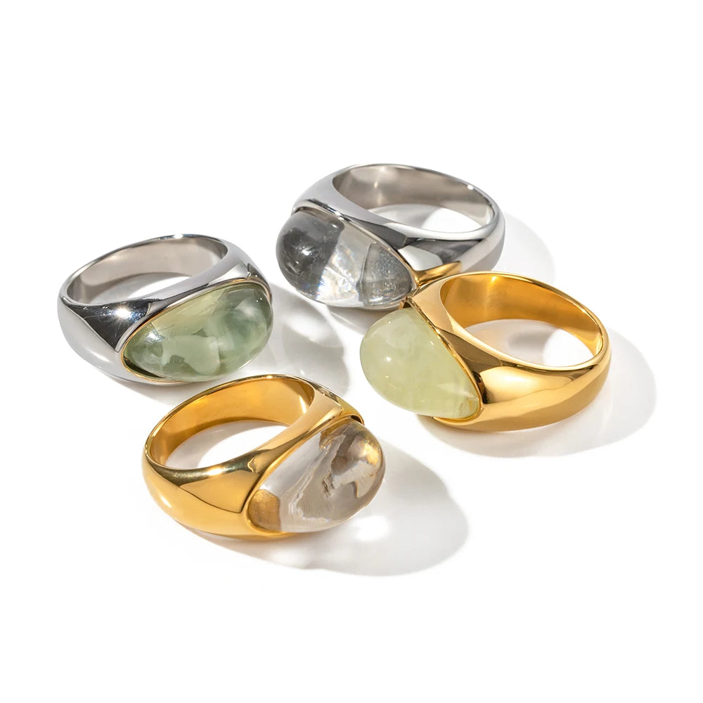 KIKA Unique Natural Stone Green Stainless Steel France Metal Golden  Ring Waterproof Charm Trendy Jewelry Women