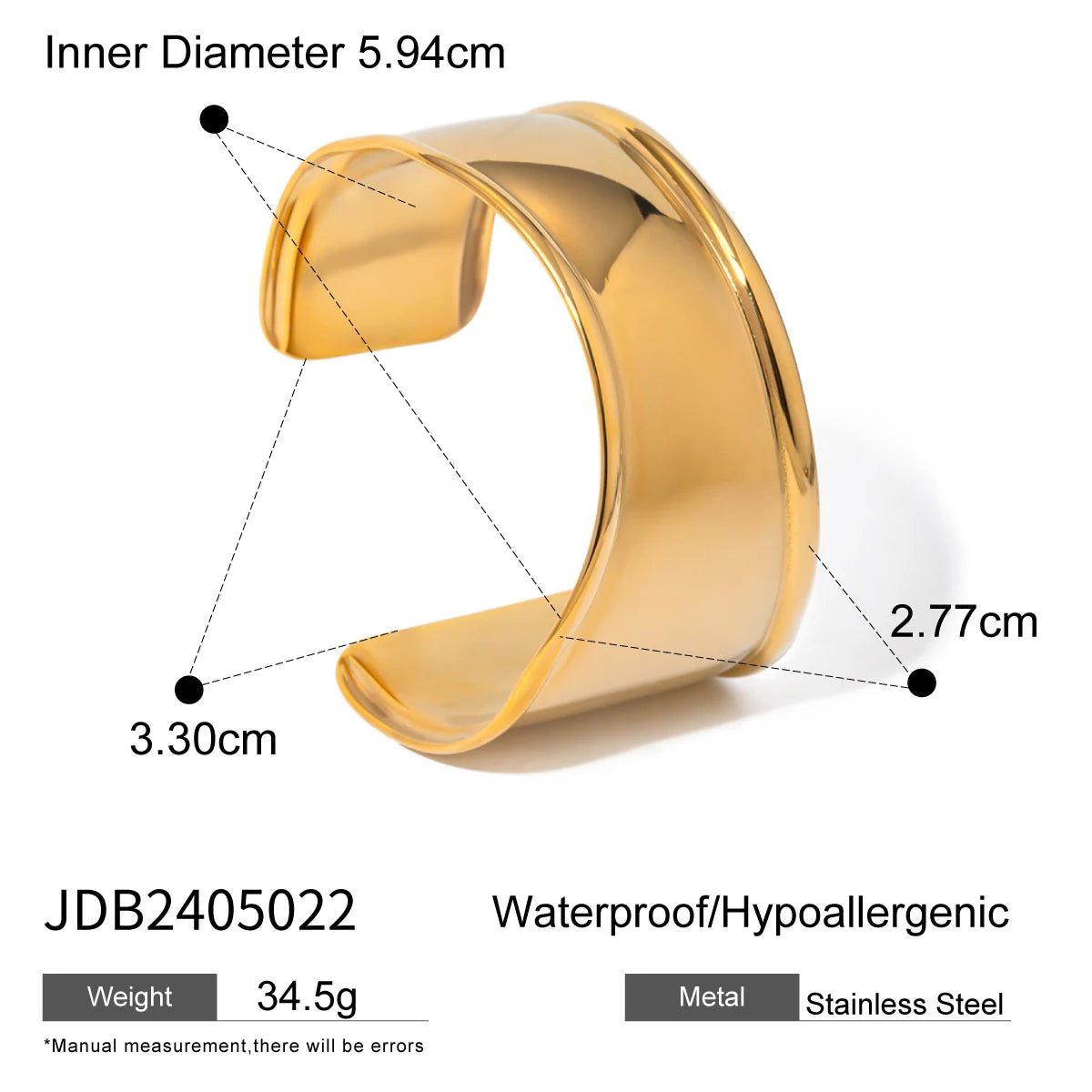 KIKA Unique Stainless Steel 316L Metal Wide Cuff Open Bracelet Bangle  PVD Plated Waterproof