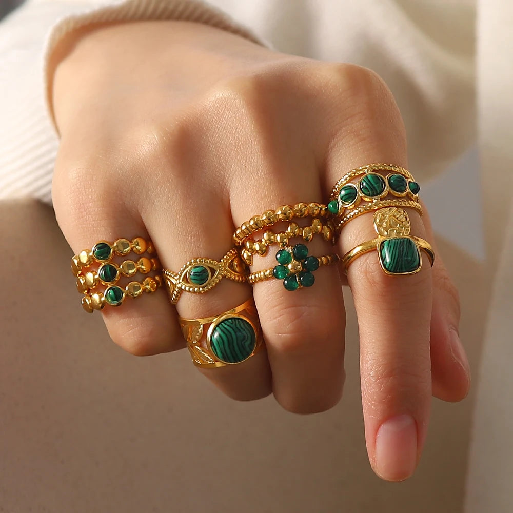 Kika Vintage 18K Gold Malachite Statement Open Ring WaterProof 18k PVD Gold Plated Stainless Steel bague femme acier inoxydabl