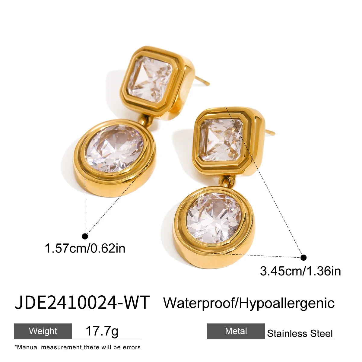 KIKA Bling Cubic Zirconia White Zircon Stud Earrings 18K Gold PVD Plated Stainless Steel 316L