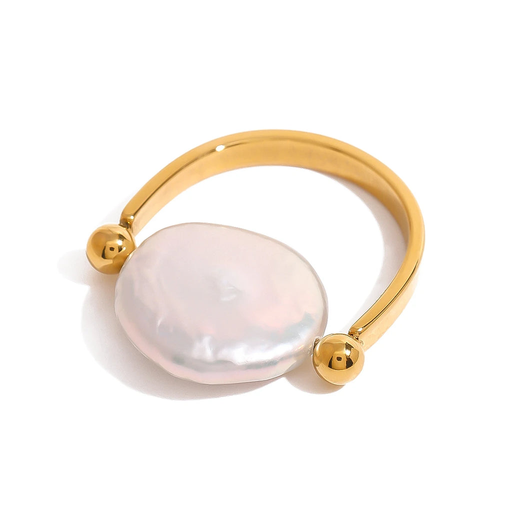 Kika Natural Freshwater Baroque Pearl Minimalist Adjustable Ring Stainless Steel Jewelry Anniversary Gift for Mom Lover Her