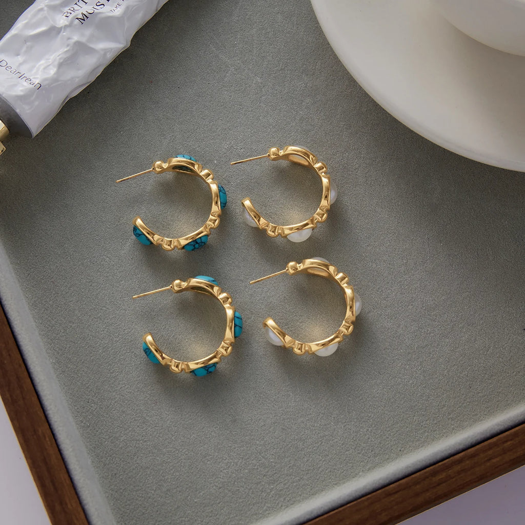 KIKA Classic Trendy 18K Gold Color PVD  Plated Blue Turquoise Pearl C-Shape Earrings Hypoallergenic Stainless Steel 316L