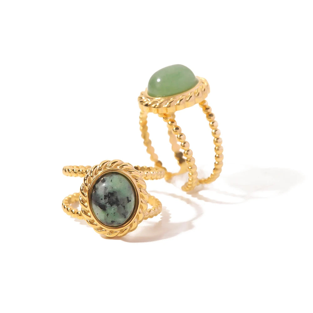 Kika Natural Stone African Turquoise Agate Rope Sun 18K Gold Plated Stainless Steel Opening Rings Anillos Acero Inoxidable
