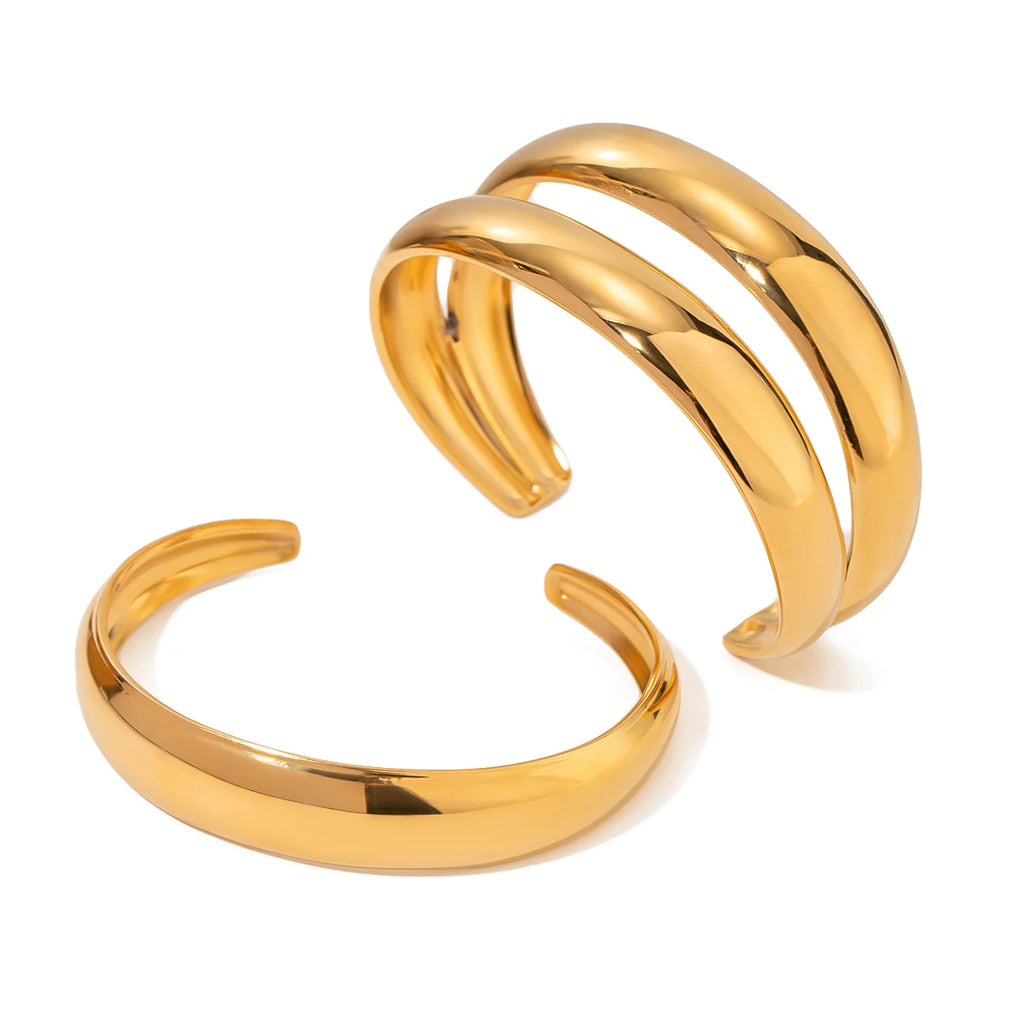 KIKA Stainless Steel Statement Gold Color Cuff Bracelet Bangle Metal Texture Multi-Layer Temperament Fashion Waterproof Jewelr