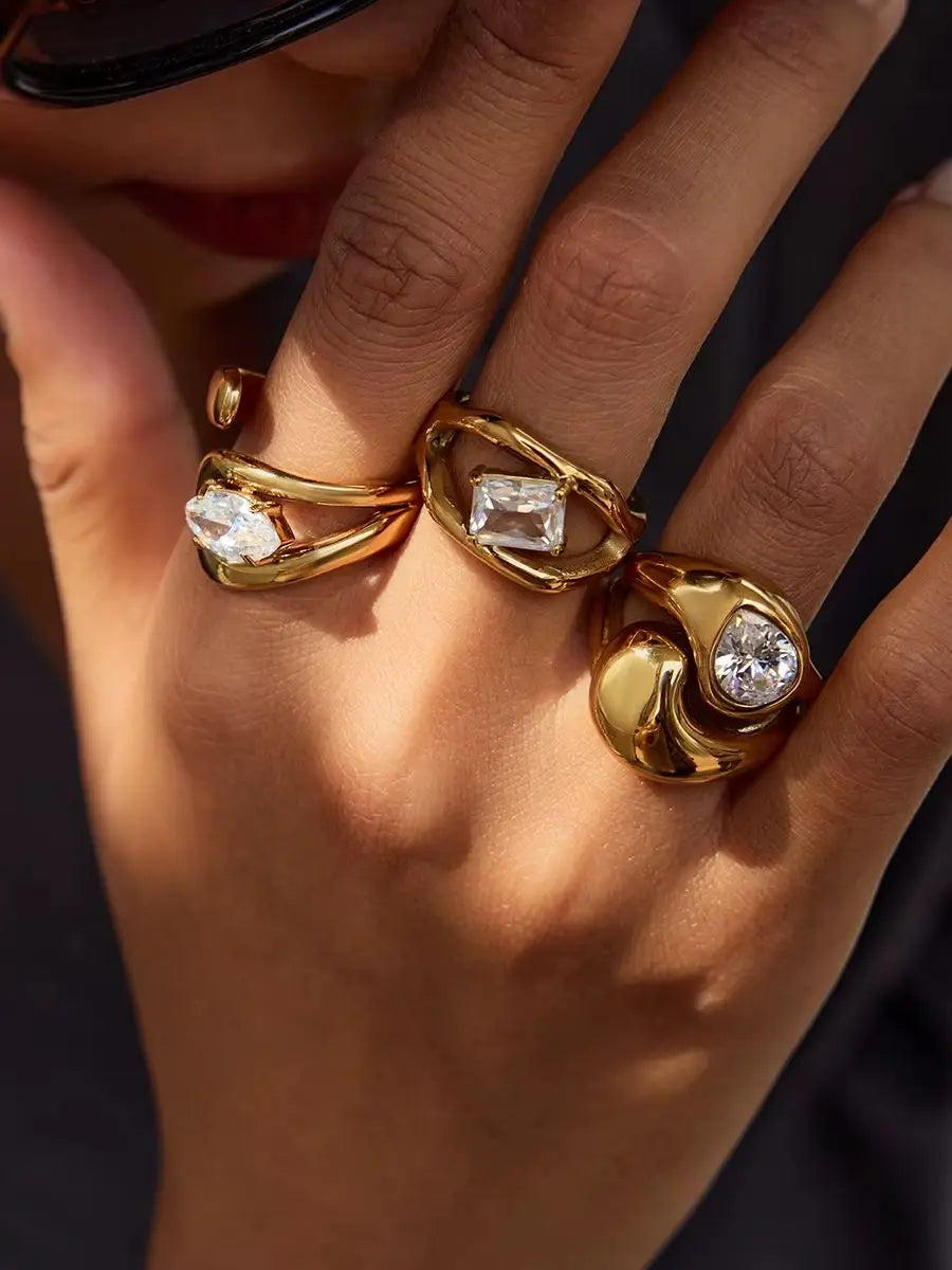 KIKA Shiny Cubic Stainless Steel Zircon Asymmetric Open Ring High-Grade Stainless Steel 18K Golden Plated Rust Proof Jewelry