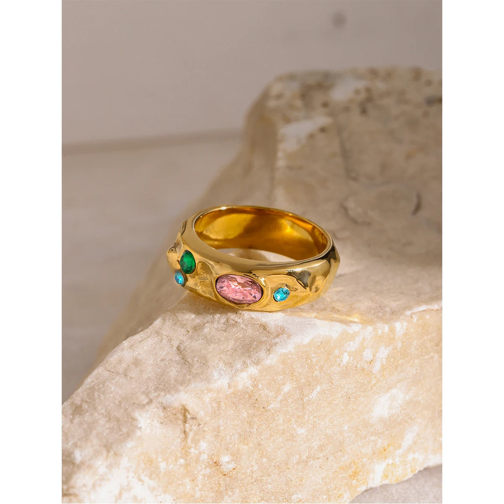 Kika Colorful Zircon Ring Stainless Steel Jewelry High Quality Stylish Metal Texture Women Ring Gift New 2024