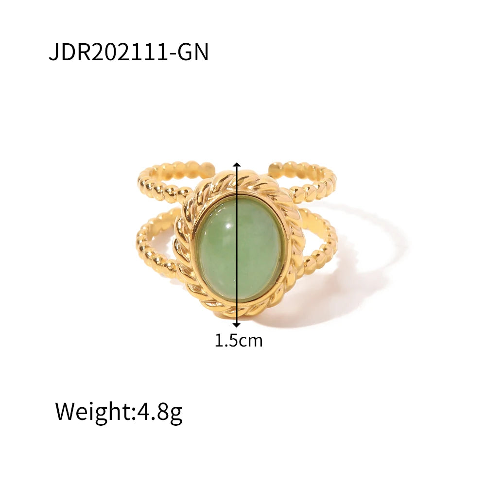 Kika Natural Stone African Turquoise Agate Rope Sun 18K Gold Plated Stainless Steel Opening Rings Anillos Acero Inoxidable