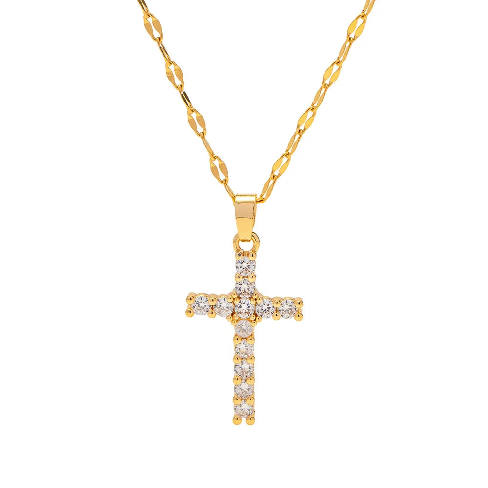 Kika Delicate Shiny Cubic Zirconia 316L Cross Pendant Necklace