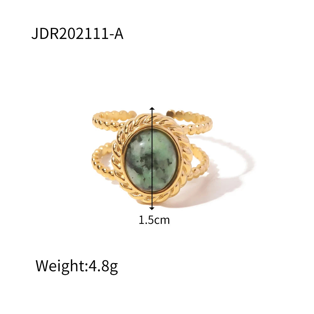 Kika Natural Stone African Turquoise Agate Rope Sun 18K Gold Plated Stainless Steel Opening Rings Anillos Acero Inoxidable