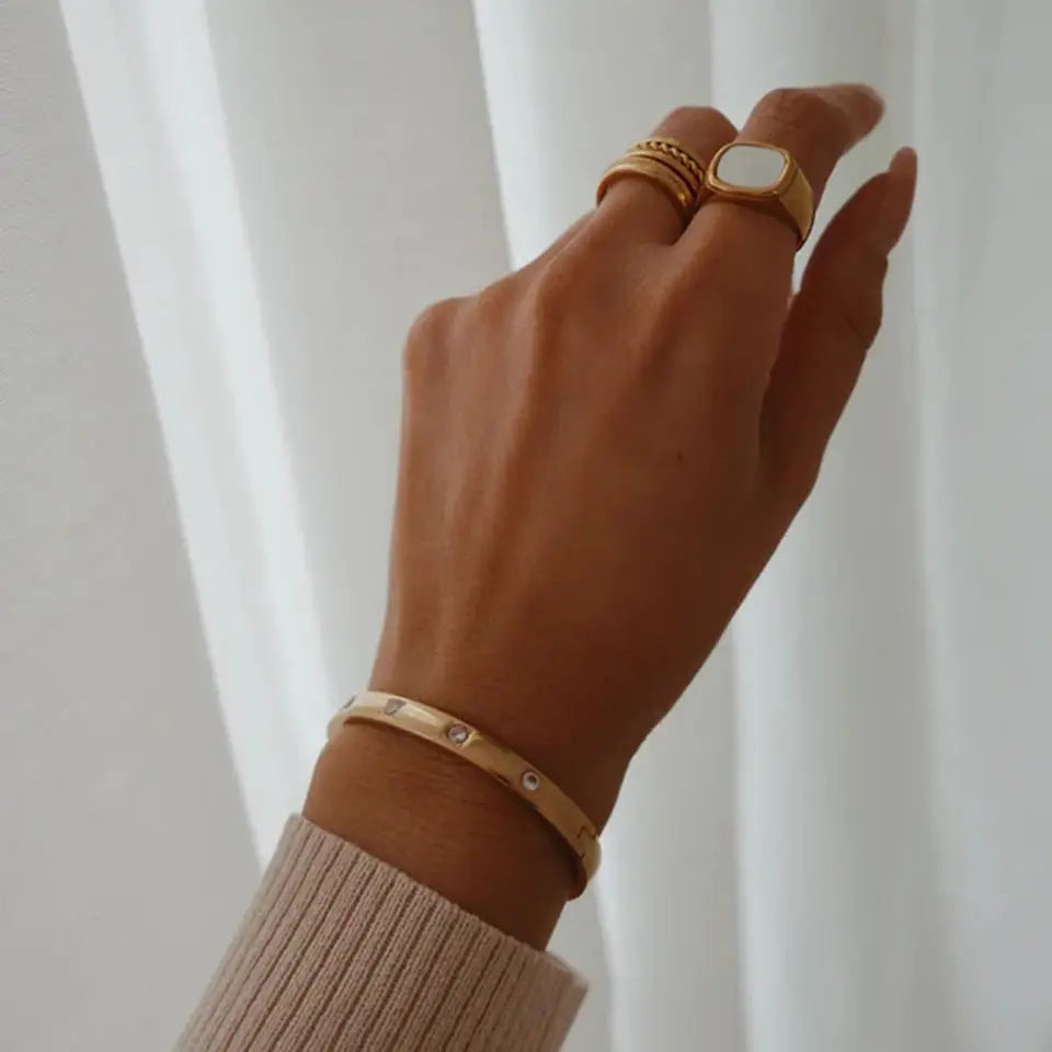 KIKA Simple Statement 18k Gold Color Cuff bracelet Stainless Steel Jewelry Waterproof Opening Cubic Zirconia Bangles For Women