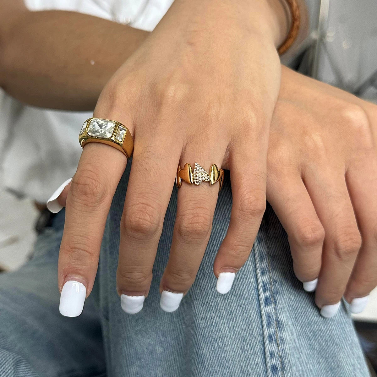 Kika Stylish Cubic Zirconia Stainless Steel White Rhinestone Irregular Heart Ring Women High Quality Trendy Daily Fashion