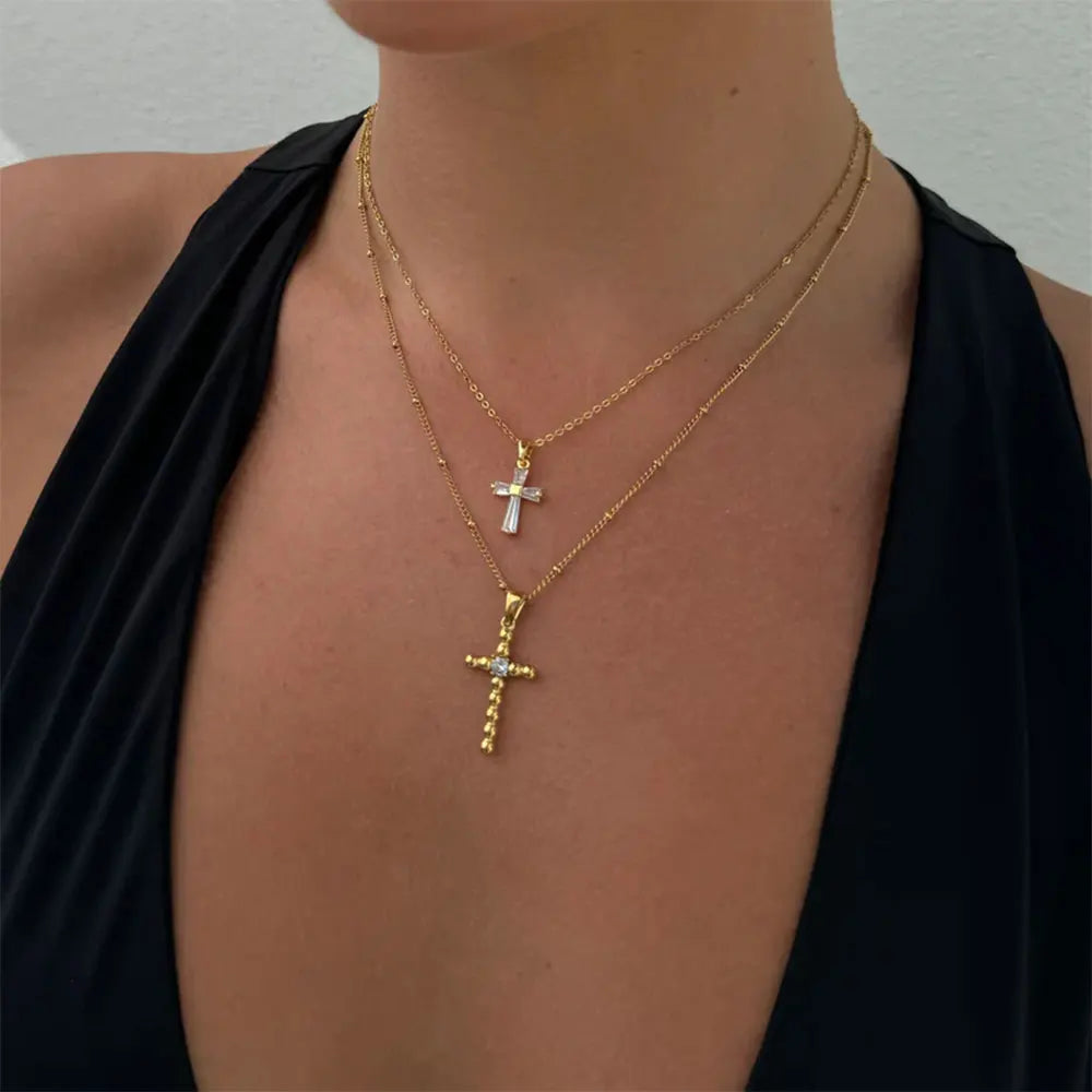 Kika Delicate Shiny Cubic Zirconia 316L Cross Pendant Necklace