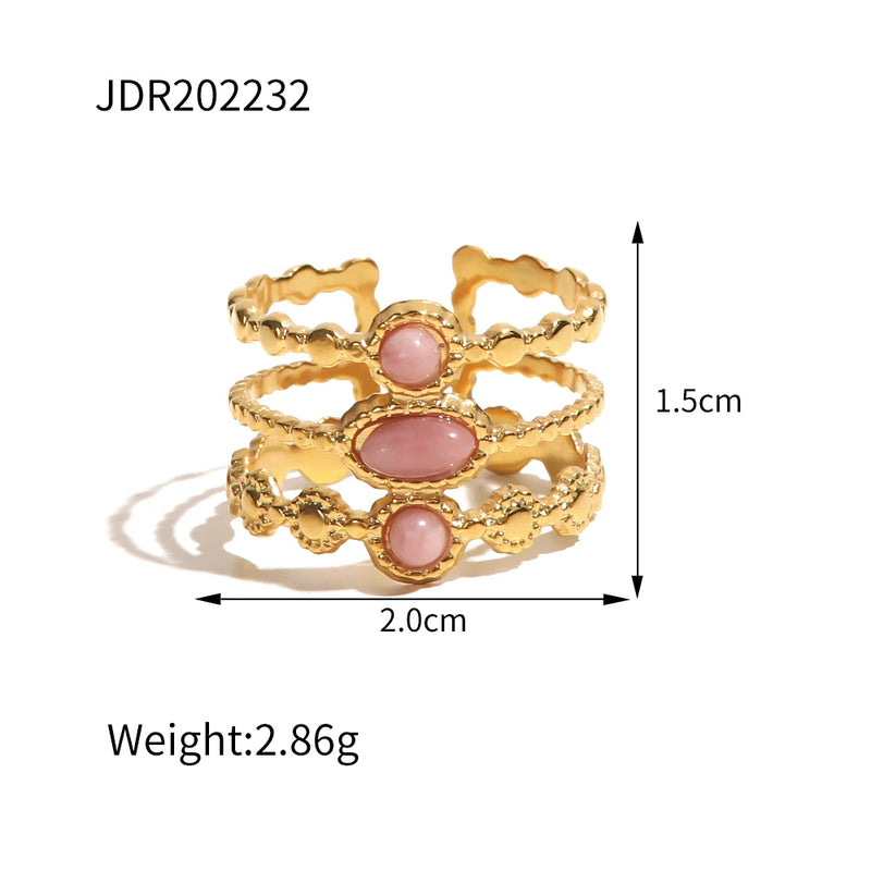 Kika Stainless Steel Gold Plated Three-row Pink Stone Ring