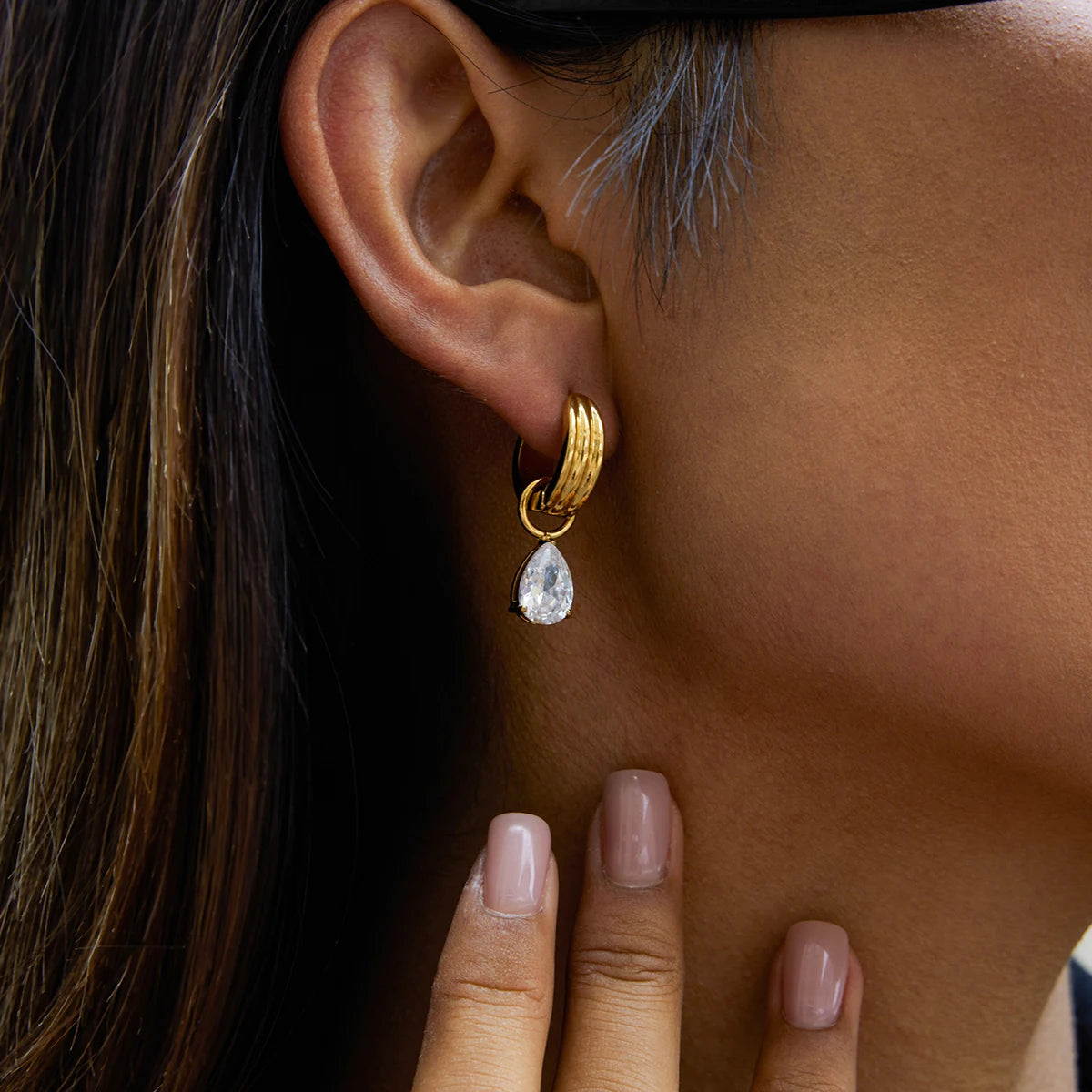 KIKA Trendy Designer 18K Gold Color PVD Plated White Zircon Pendant Earrings Hypoallergenic Waterproof Stainless Steel 316L